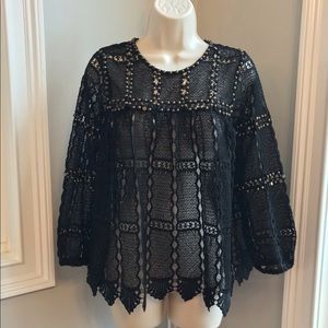 Maeve Anthropologie Auralis Black Studded Crochet Boho Top - Small
